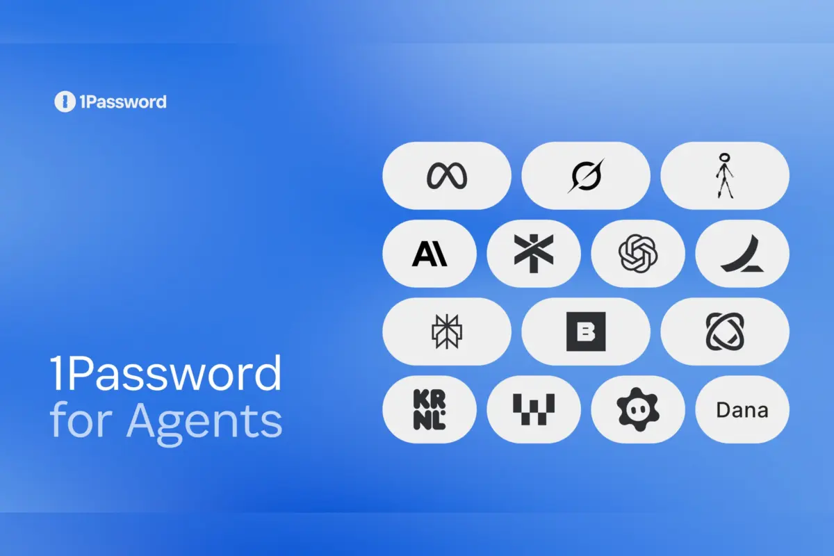 כותרת הבלוג של 1Password for Agents, עם לוגואים של סוכני AI משולבים על רקע כחול ושם המוצר