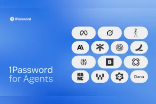 כותרת הבלוג של 1Password for Agents, עם לוגואים של סוכני AI משולבים על רקע כחול ושם המוצר