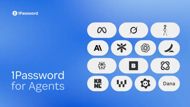 כותרת הבלוג של 1Password for Agents, עם לוגואים של סוכני AI משולבים על רקע כחול ושם המוצר