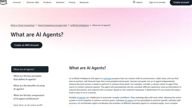 צילום מסך של דף "What are AI Agents?" באתר AWS, המסביר מהם סוכני AI