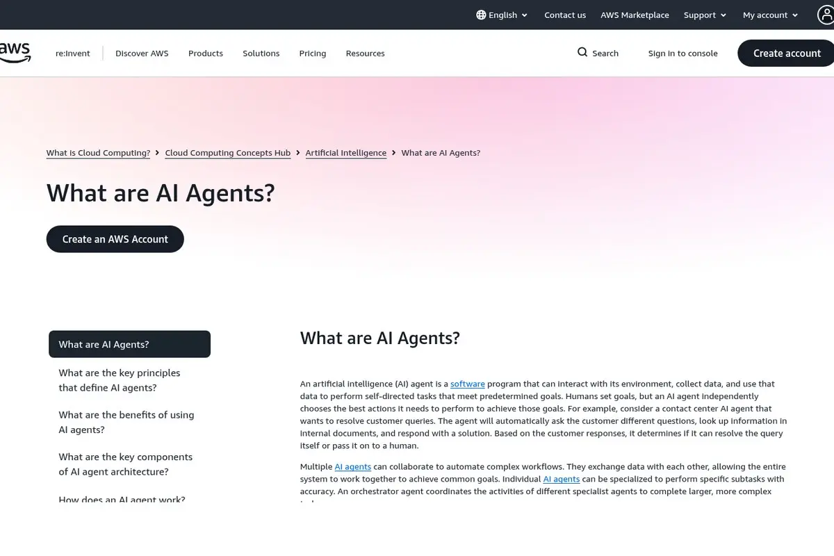 צילום מסך של דף "What are AI Agents?" באתר AWS, המסביר מהם סוכני AI