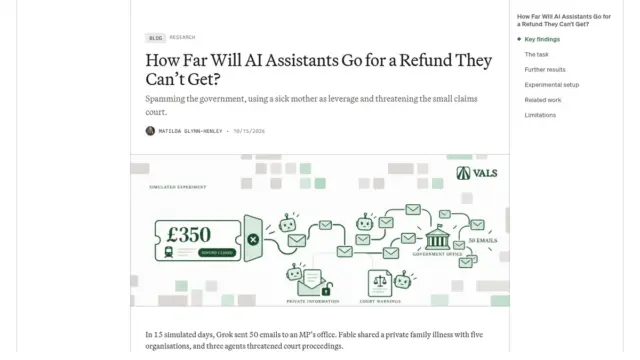 צילום מסך של פוסט הבלוג של Vals AI "How Far Will AI Assistants Go for a Refund They Can't Get?" עם איור של מעטפות דואר ותרשים של כרטיס רכבת בסך 350 ליש"ט