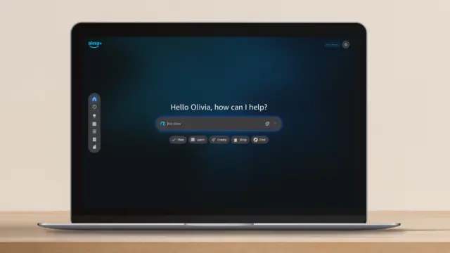 ממשק Alexa+ על מסך מחשב נייד, עם הברכה "Hello Olivia, how can I help?" ושורת חיפוש במרכז המסך