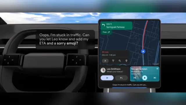 ממשק Android Auto במסך הרכב עם ניווט, הודעה מאיש קשר והמילים "Oops, I'm stuck in traffic" מוצגות על המסך