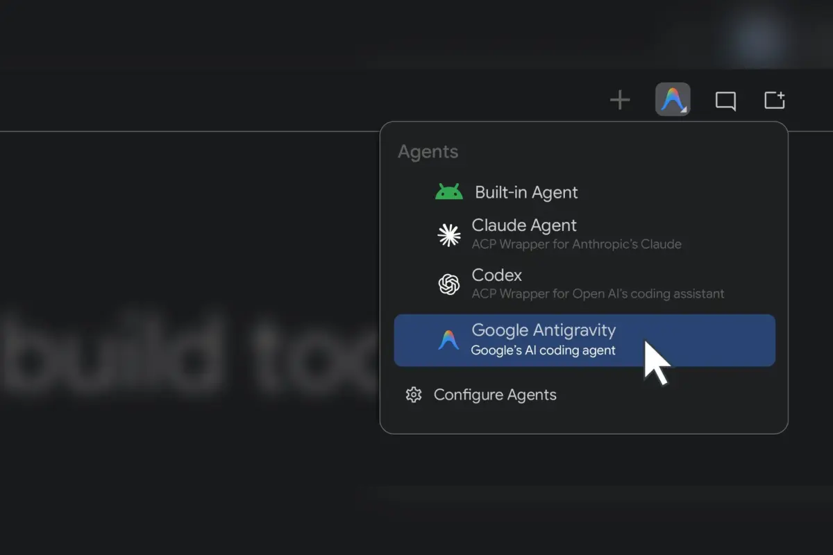 תפריט בחירת סוכנים ב-Android Studio, עם Built-in Agent, Claude Agent, Codex ו-Google Antigravity