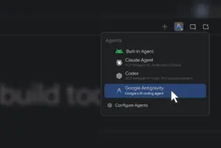 תפריט בחירת סוכנים ב-Android Studio, עם Built-in Agent, Claude Agent, Codex ו-Google Antigravity