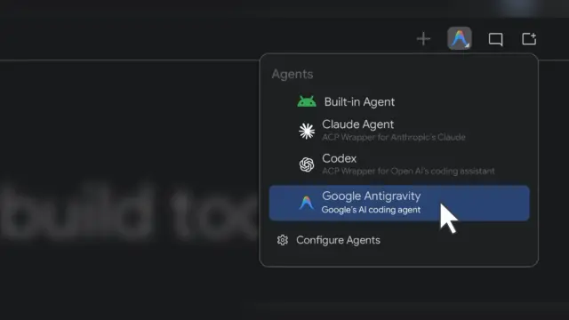 תפריט בחירת סוכנים ב-Android Studio, עם Built-in Agent, Claude Agent, Codex ו-Google Antigravity