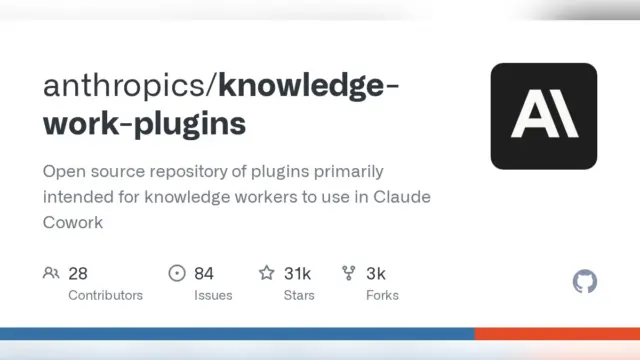 צילום מסך של דף המאגר knowledge-work-plugins ב-GitHub של Anthropic, עם שם המאגר, תיאורו והלוגו של Anthropic