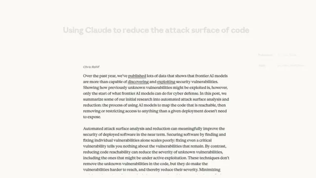 צילום מסך של דף המחקר של Anthropic בשם "Using Claude to reduce the attack surface of code", עם טקסט המחקר על צמצום משטח התקיפה.