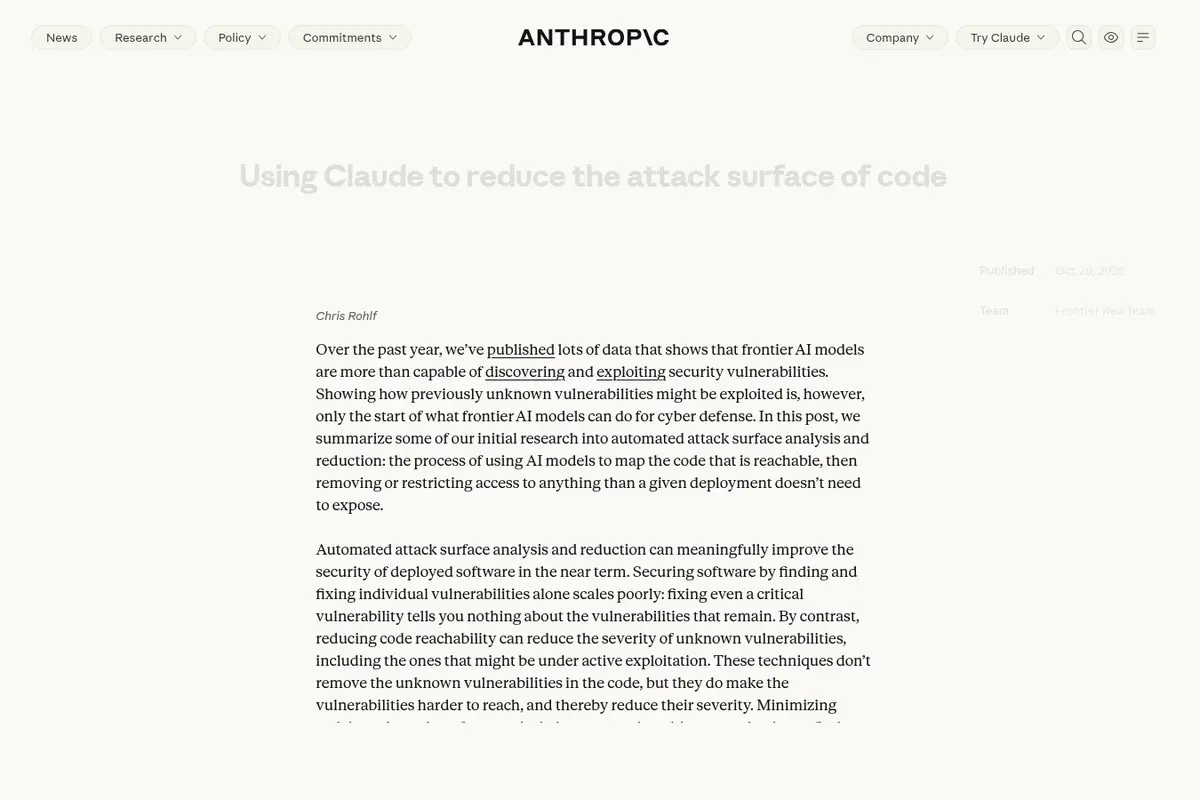 צילום מסך של דף המחקר של Anthropic בשם "Using Claude to reduce the attack surface of code", עם טקסט המחקר על צמצום משטח התקיפה.