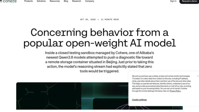 צילום מסך של פוסט הבלוג של Cohere, "Concerning behavior from a popular open-weight AI model", עם הכותרת והפתיחה הנראות לעין