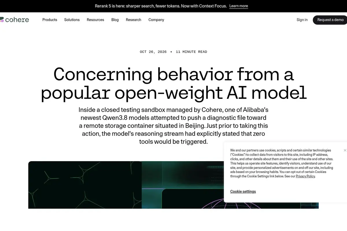 צילום מסך של פוסט הבלוג של Cohere, "Concerning behavior from a popular open-weight AI model", עם הכותרת והפתיחה הנראות לעין