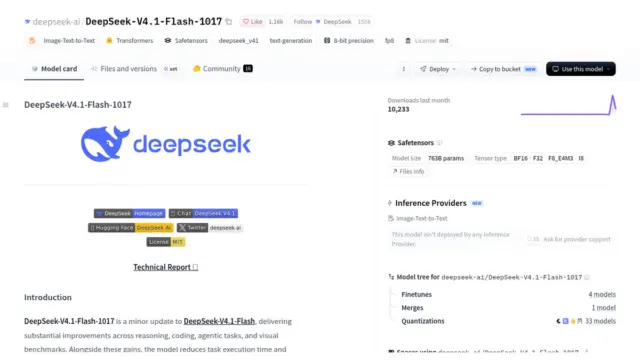 צילום מסך של דף המודל DeepSeek-V4.1-Flash-1017 באתר Hugging Face, עם הלוגו של DeepSeek וכרטיס המודל