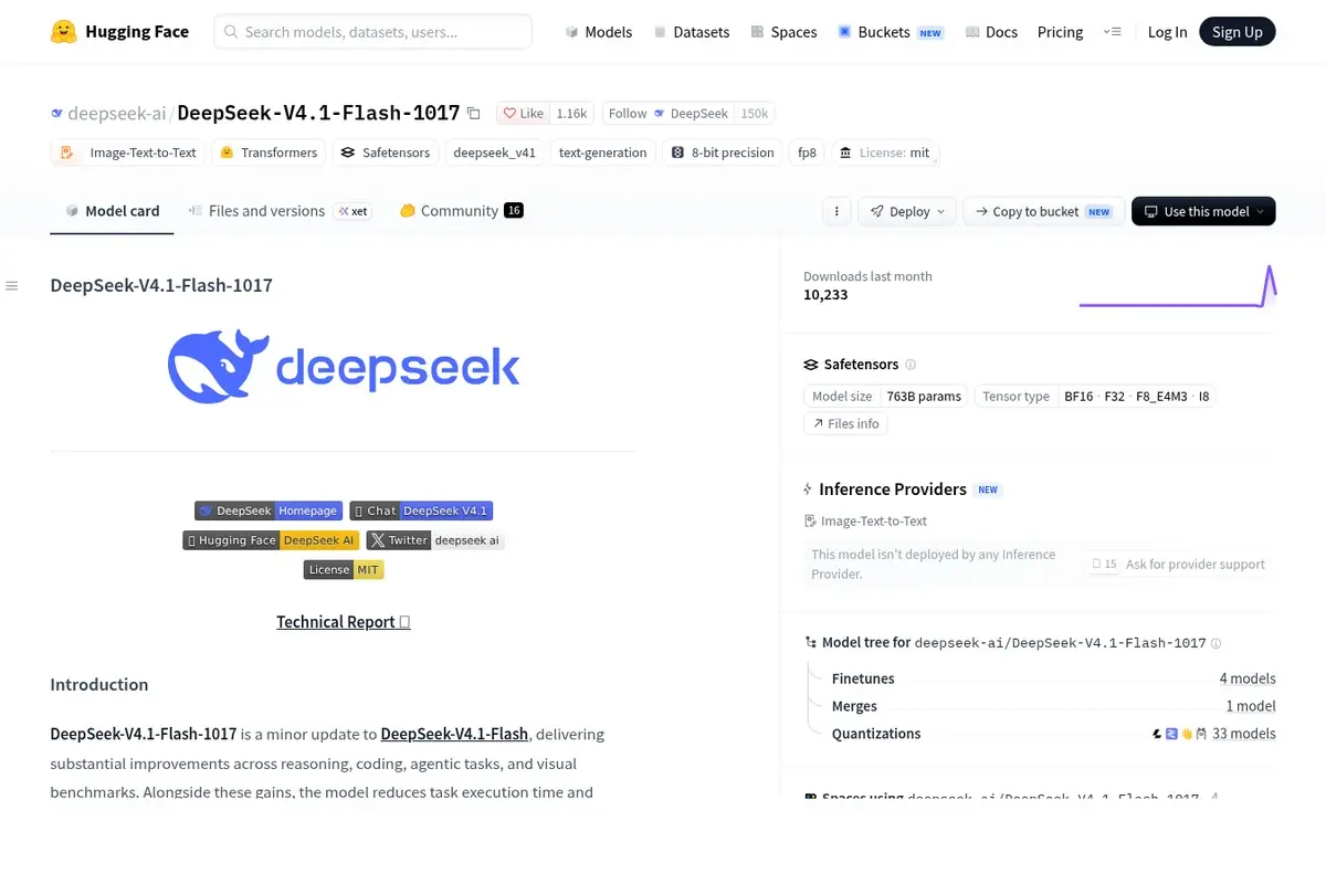 צילום מסך של דף המודל DeepSeek-V4.1-Flash-1017 באתר Hugging Face, עם הלוגו של DeepSeek וכרטיס המודל