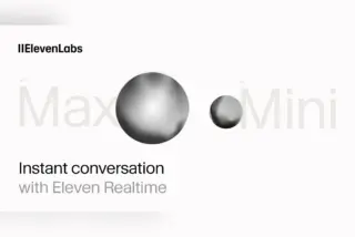 המותג ElevenLabs עם הכיתוב "Max" ו-"Mini" לצד שני כדורים, ומתחתיו "שיחה מיידית עם Eleven Realtime"