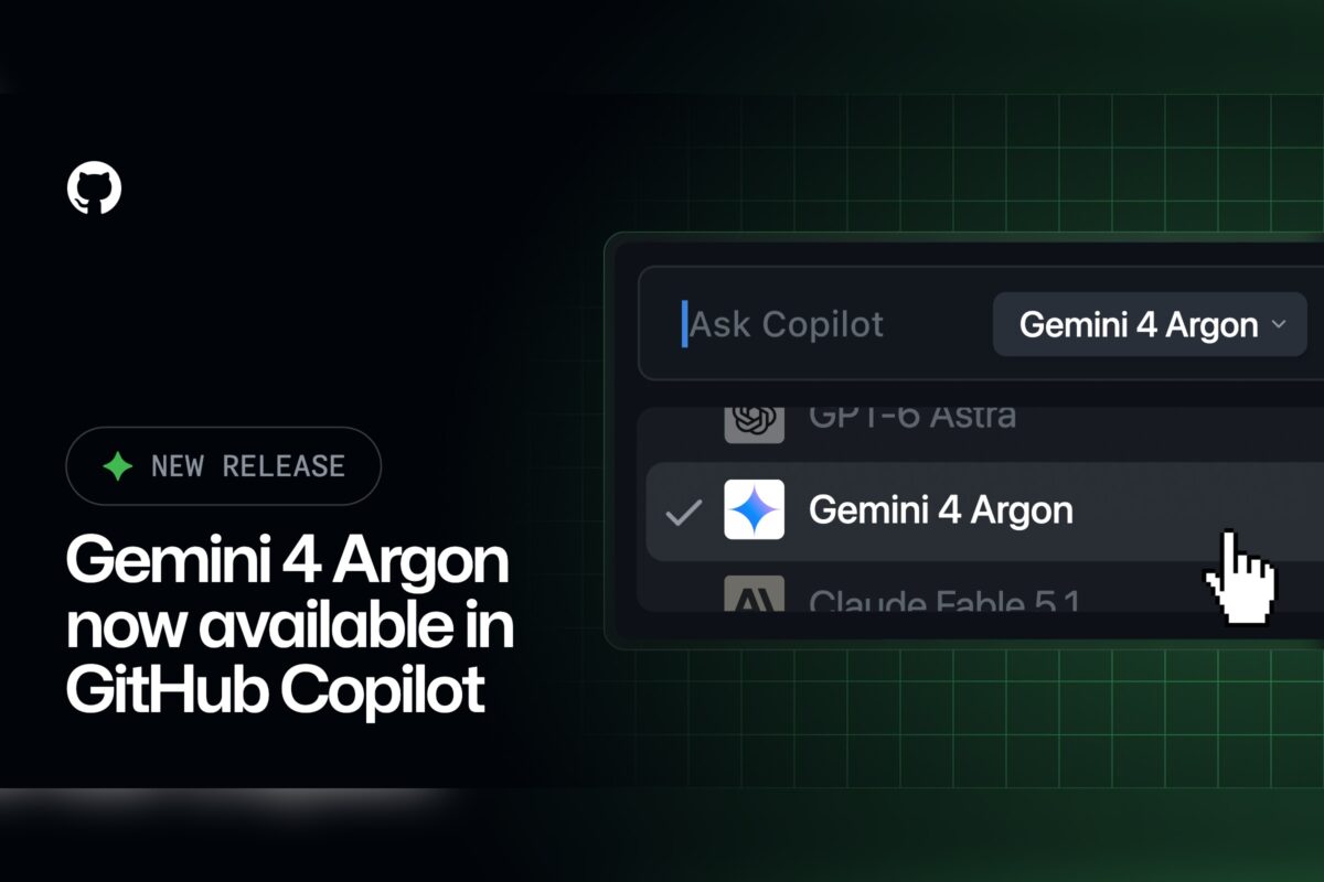 כרטיס ההכרזה של GitHub Copilot עם בורר המודלים, שבו מופיע Gemini 4 Argon כמודל נבחר