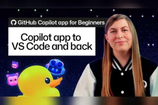 תמונה ממדריך GitHub Copilot app: מגישה לצד הדמות של Copilot ובכיתוב "Copilot app to VS Code and back"