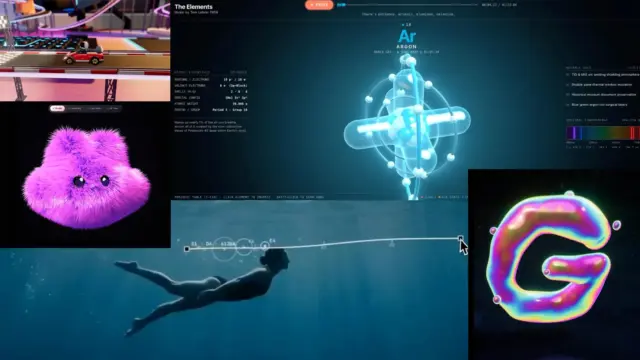 קולאז' דוגמאות של Gemini 4 Argon: ספרייה תלת-ממדית שנוצרה מאפס, מסלול שחייה מונפש ותו G צבעוני בממשק העבודה
