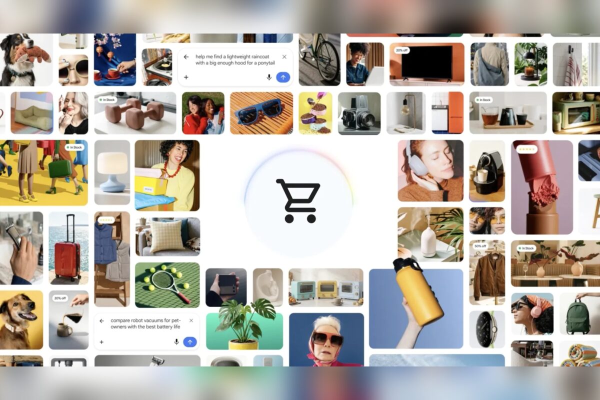תמונת הכותרת של Universal Cart מבית Google: סמל עגלת קניות במרכז, מוקף בתמונות של מוצרים מחנויות שונות וחיפושי קניות בממשק החיפוש.