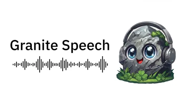 הדמיית המותג של Granite Speech: שם המשפחה, גל קול ודמות אבן מחייכת עם אוזניות