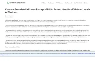 צילום מסך של דף הודעה לעיתונות של Common Sense Media על מעבר החוק בניו יורק שמגביל צ'טבוטים מסוכנים לקטינים