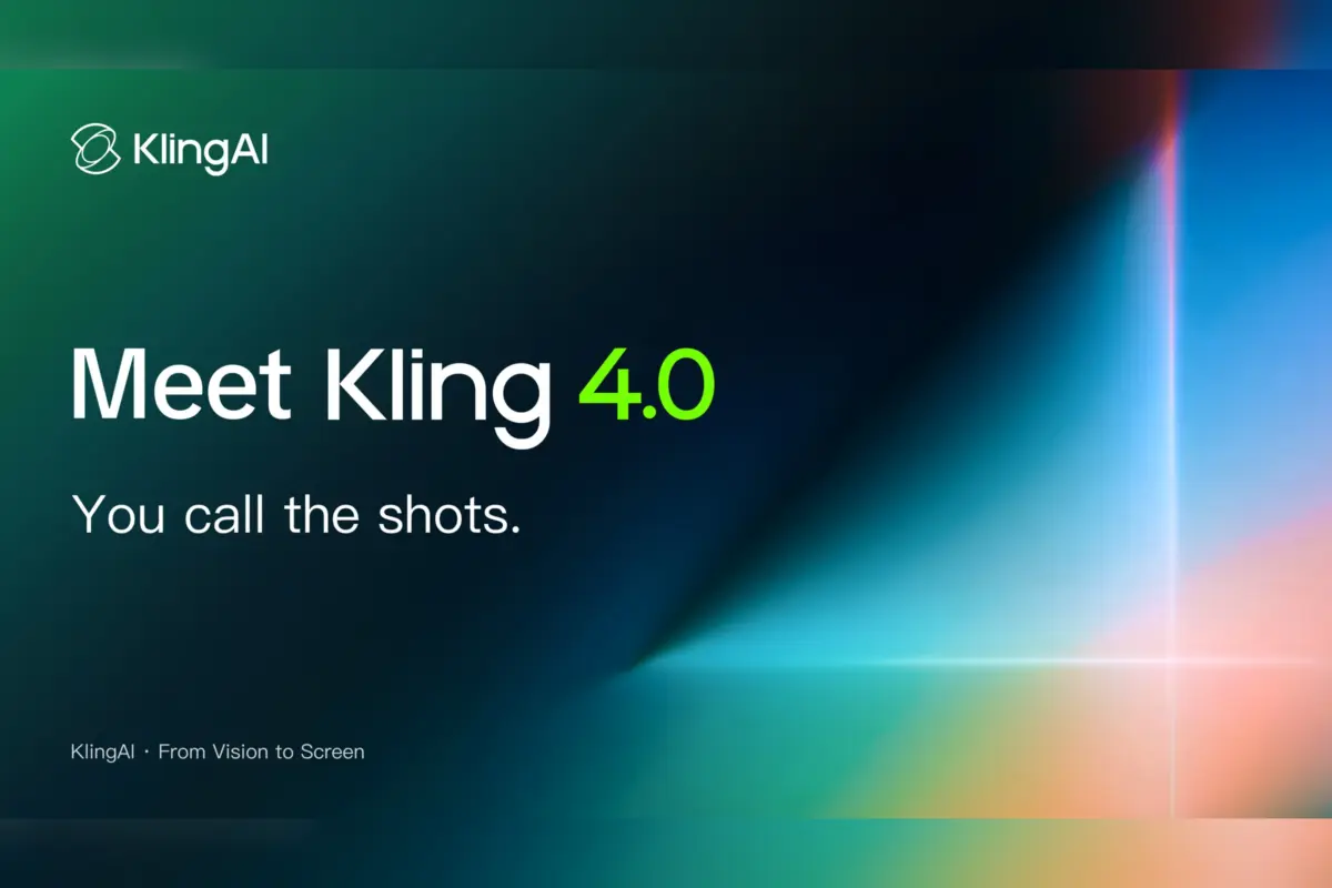 כרזת ההשקה של Kling 4.0 עם הכיתוב "Meet Kling 4.0" ו"You call the shots" על רקע גרדיאנט כחול-ירוק