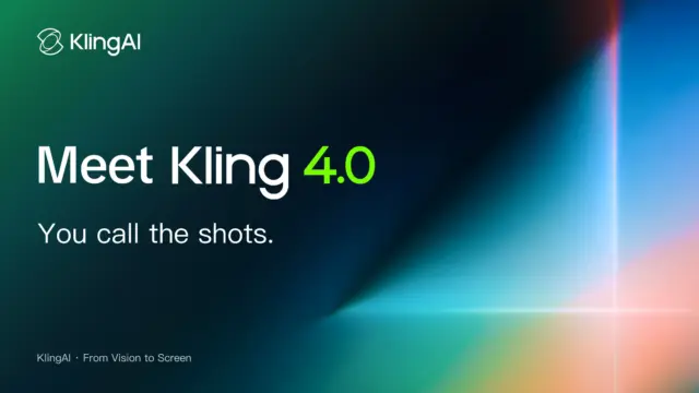 כרזת ההשקה של Kling 4.0 עם הכיתוב "Meet Kling 4.0" ו"You call the shots" על רקע גרדיאנט כחול-ירוק