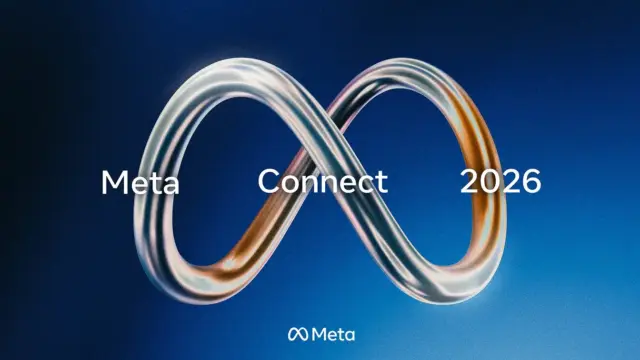 הדמיה של Meta Connect 2026 עם סמל האינסוף המתכתי של Meta על רקע כחול