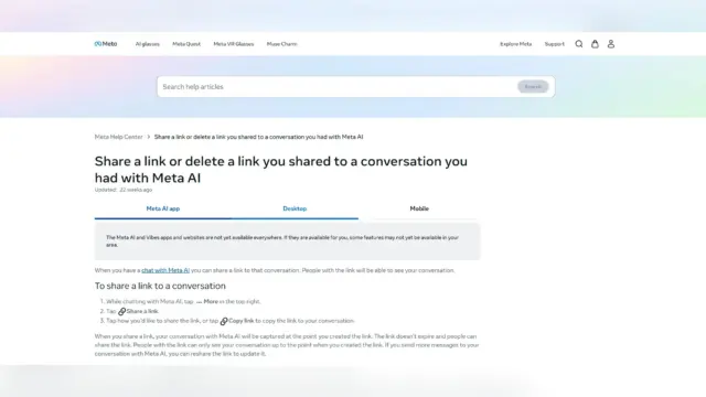 צילום מסך של מרכז העזרה של Meta עם הסבר כיצד לשתף קישור לשיחה עם Meta AI