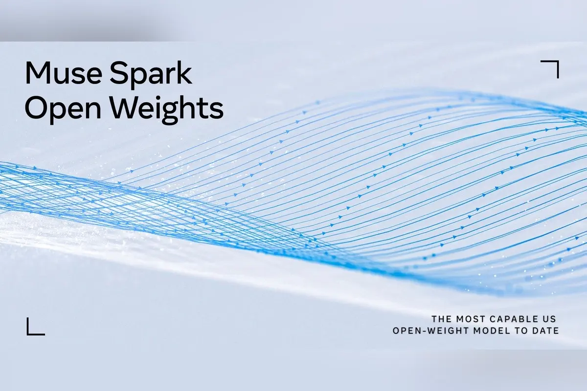 הדמיה רשמית של Meta עם הכיתוב "Muse Spark Open Weights" על רקע כחול-לבן של קווים גליים