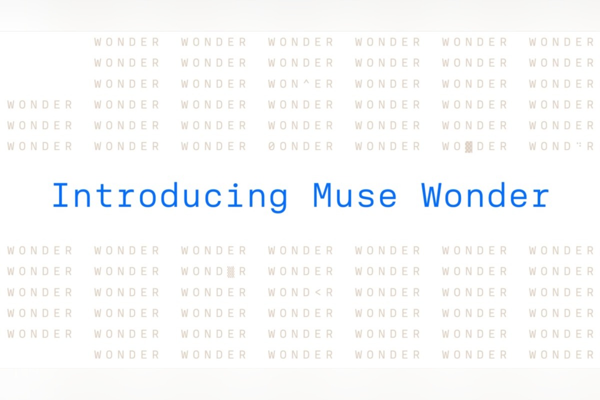 כרזה עם הכיתוב "Introducing Muse Wonder" על רקע של טקסט WONDER חוזר בגופן מונospace