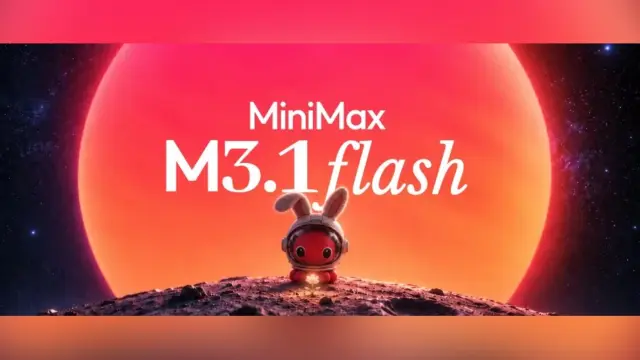 המודל MiniMax M3.1 flash על רקע שמש כתומה גדולה, עם דמות ארנב קטנה בחללית על גבעה
