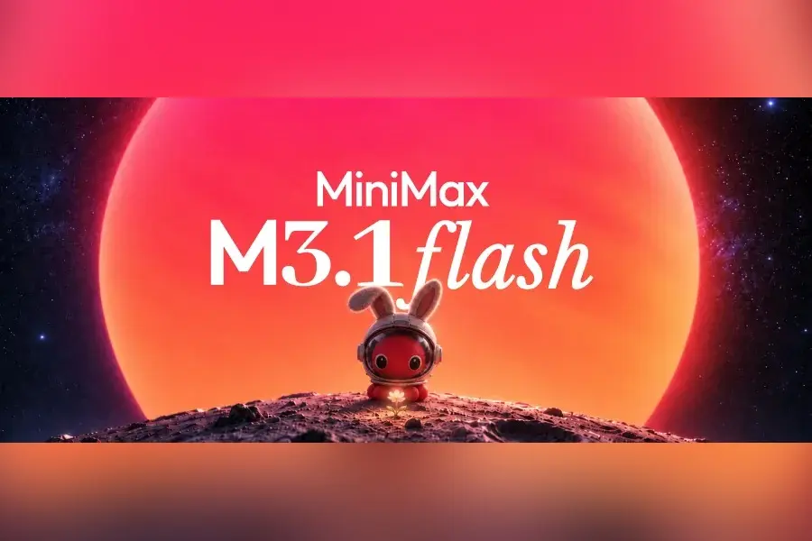 המודל MiniMax M3.1 flash על רקע שמש כתומה גדולה, עם דמות ארנב קטנה בחללית על גבעה