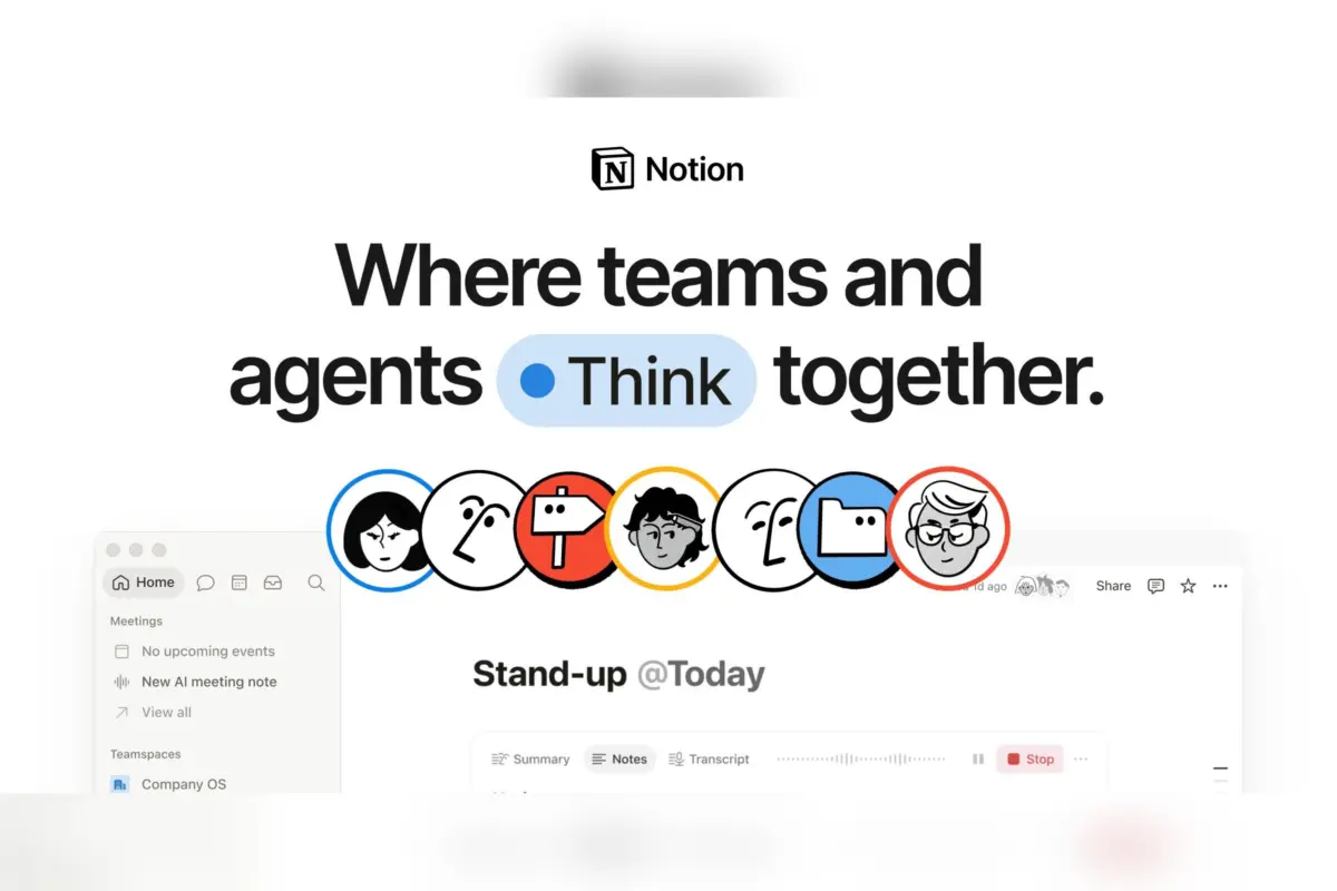 צילום מסך של ממשק Notion עם סוכני AI בשם הצוות ופעילות Stand-up, מעל הכותרת "Where teams and agents Think together"