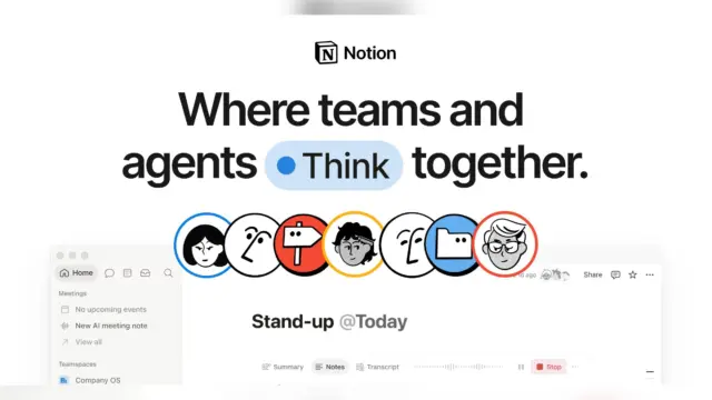 צילום מסך של ממשק Notion עם סוכני AI בשם הצוות ופעילות Stand-up, מעל הכותרת "Where teams and agents Think together"