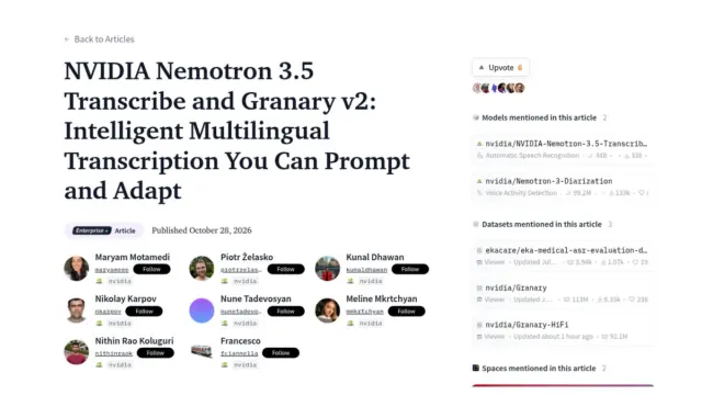 צילום מסך של פוסט ההכרזה של NVIDIA על Nemotron 3.5 Transcribe ו-Granary v2 באתר Hugging Face