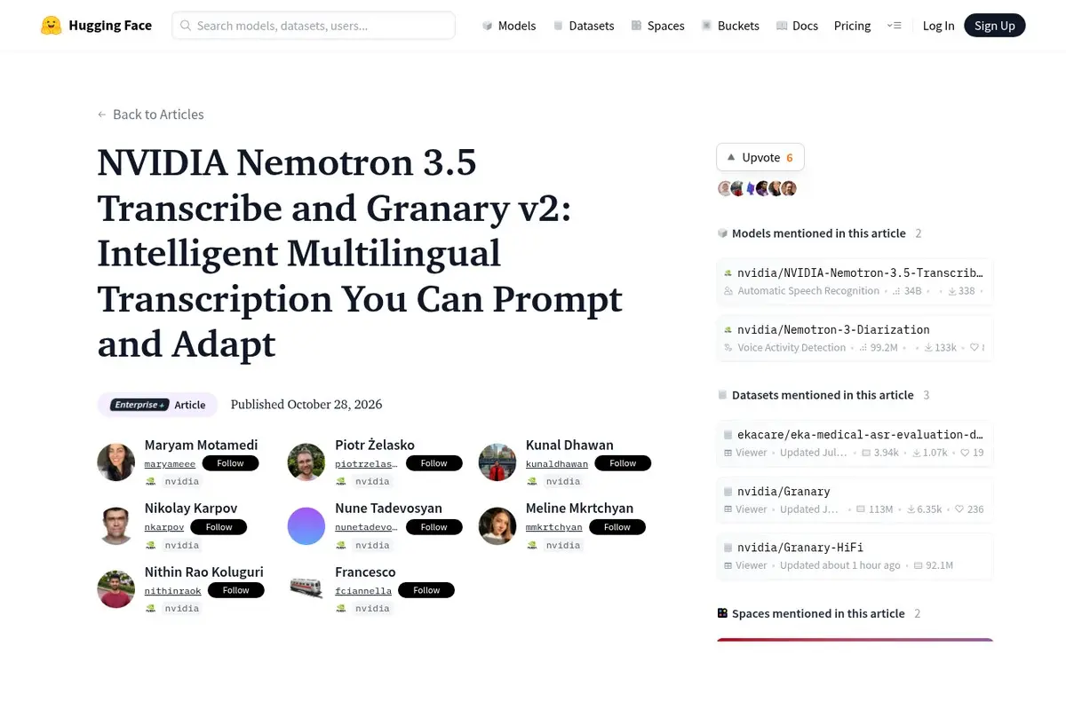 צילום מסך של פוסט ההכרזה של NVIDIA על Nemotron 3.5 Transcribe ו-Granary v2 באתר Hugging Face