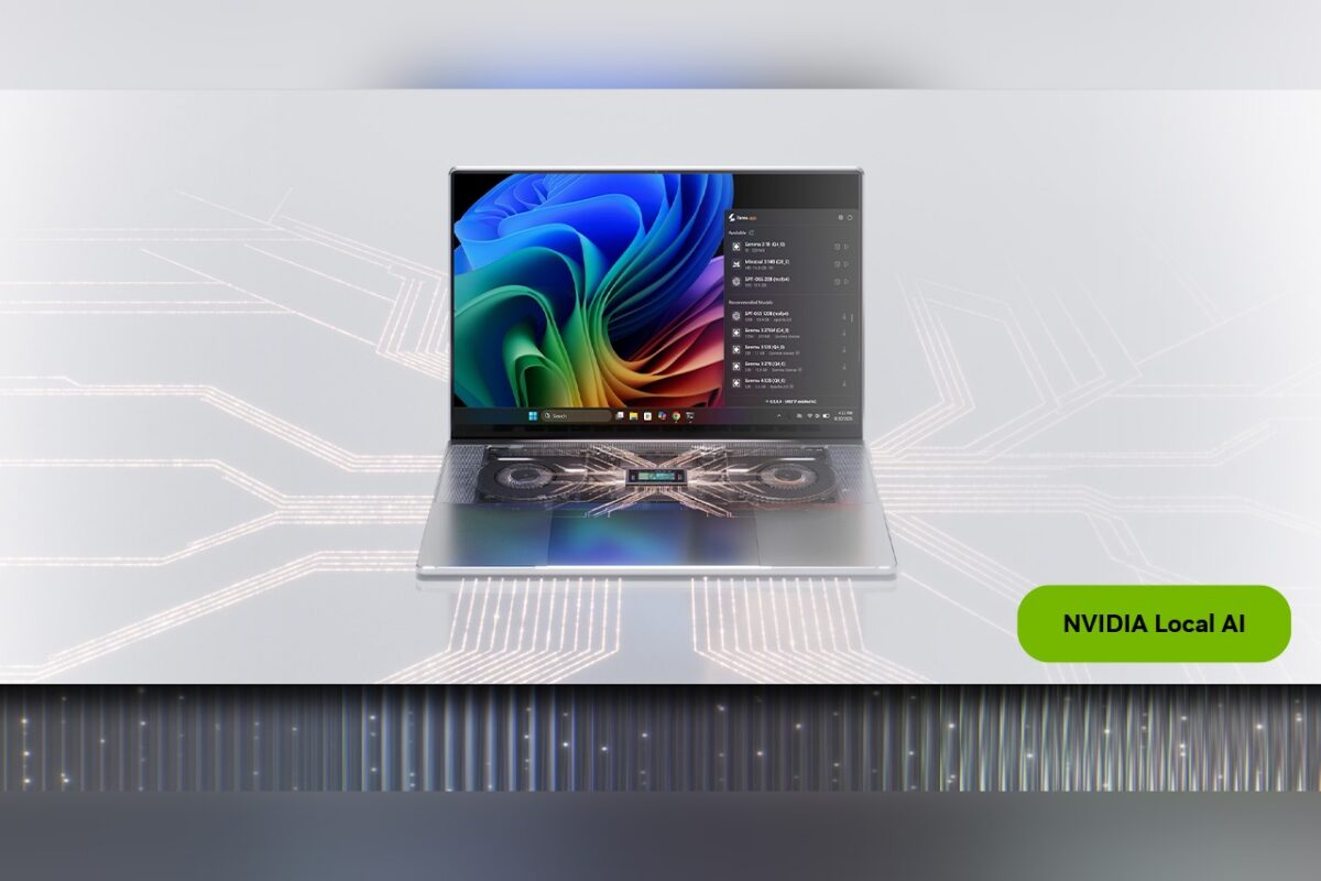 מחשב נייד עם מסך Windows צבעוני ושבב RTX Spark, על רקע מעגלים דיגיטליים ותווית "NVIDIA Local AI"