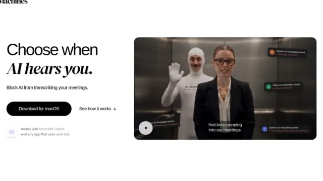 צילום מסך של דף המוצר Off the Record באתר weirdmachines.ai, עם הכותרת "Choose when AI hears you" וכפתור הורדה ל-macOS