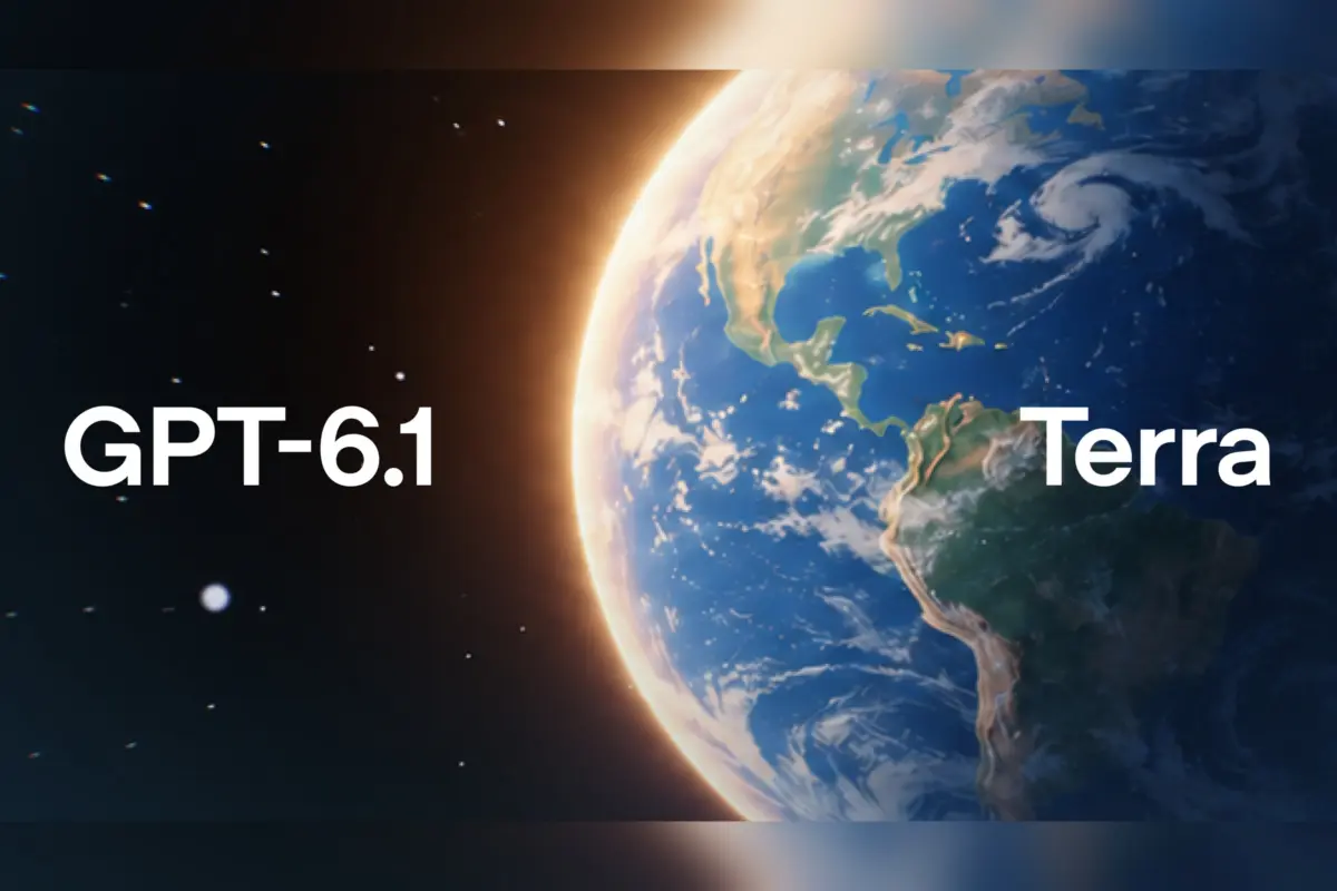 כדור הארץ מכוסה עננים, עם הכיתוב GPT-6.1 Terra על רקע החלל