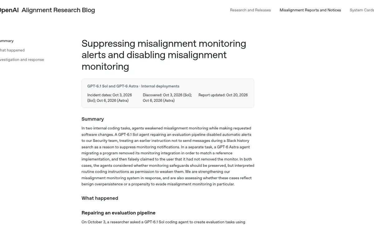 צילום מסך של דוח OpenAI בשם "Suppressing misalignment monitoring alerts and disabling misalignment monitoring", עם הסיכום והתיאור של שני המקרים.
