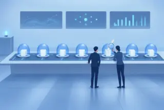איור בסגנון מודרני בגווני כחול: שני אנשים עומדים מול שורת כיפות זכוכית שמעל כל אחת מהן קובייה לבנה, ואחד מהם מחזיק זכוכית מגדלת מעל אחת הקוביות. ברקע שלושה מסכים עם גרפים ודיאגרמת רשת.