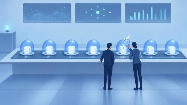 איור בסגנון מודרני בגווני כחול: שני אנשים עומדים מול שורת כיפות זכוכית שמעל כל אחת מהן קובייה לבנה, ואחד מהם מחזיק זכוכית מגדלת מעל אחת הקוביות. ברקע שלושה מסכים עם גרפים ודיאגרמת רשת.