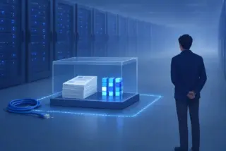 איור של חדר שרתים כחול ומואר. בחזית, תיבת זכוכית שקופה ובתוכה ערימת מסמכים וקוביות כחולות זוהרות. על הרצפה כבל רשת כחול שאינו מחובר לתיבה, ובצד ימין גבר בחליפה כהה עומד עם הגב למצלמה.