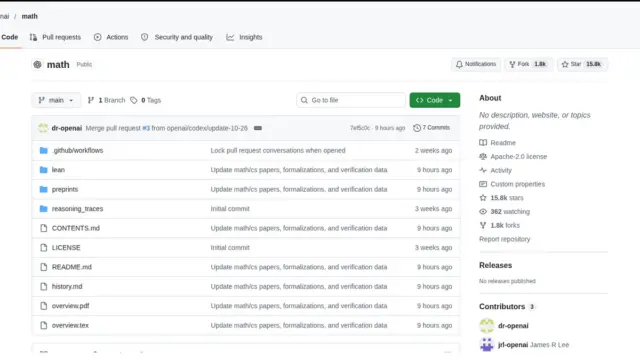 צילום מסך של דף הבית של מאגר GitHub בשם math של OpenAI, עם רשימת קבצים כמו overview ו-lean ו-README