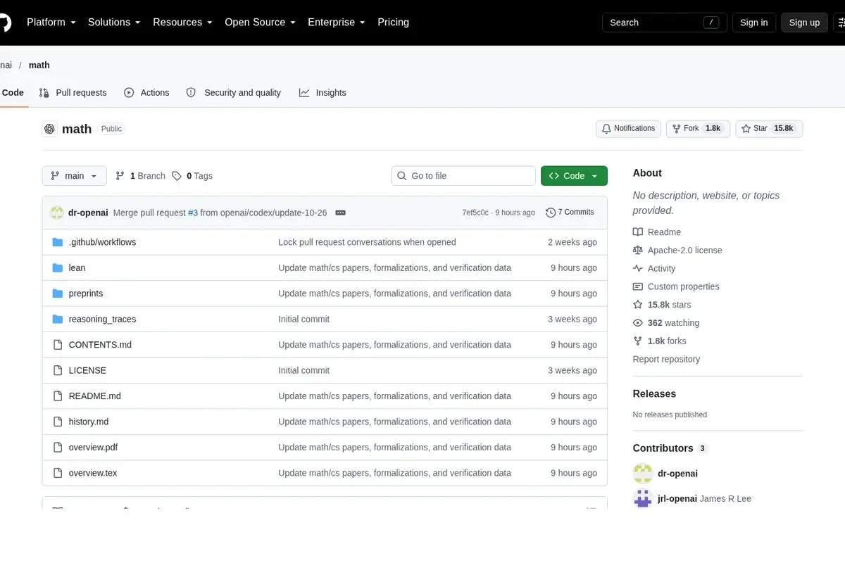 צילום מסך של דף הבית של מאגר GitHub בשם math של OpenAI, עם רשימת קבצים כמו overview ו-lean ו-README