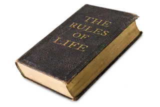 ספר עם כריכה כהה וכותרת "The Rules of Life" על רקע שחור