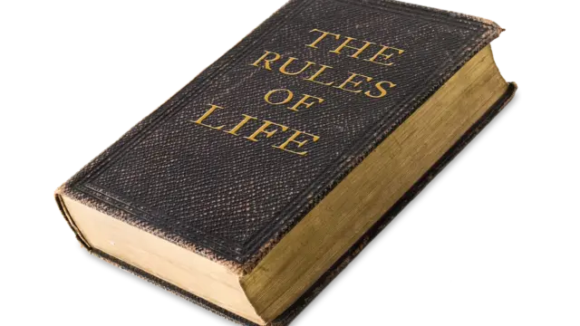 ספר עם כריכה כהה וכותרת "The Rules of Life" על רקע שחור