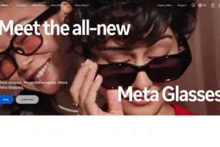 צילום מסך של דף הבית של מטא עם כותרת "Meet the all-new Meta Glasses" ומשקפי מטא על רקע תמונה של שתי דמויות