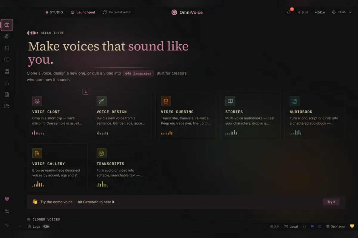 מסך הפתיחה של VoiceStudio עם הכותרת "Make voices that sound like you" וכרטיסיות של שכפול קול, עיצוב קול, דיבוב, סיפורים, ספרי שמע ותמלולים
